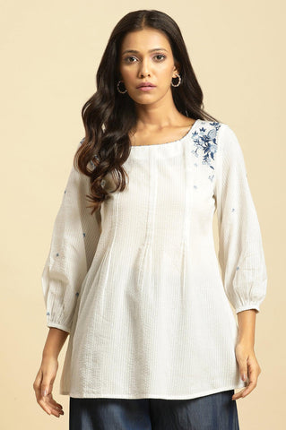 White Front Pleated Top With Embroidery