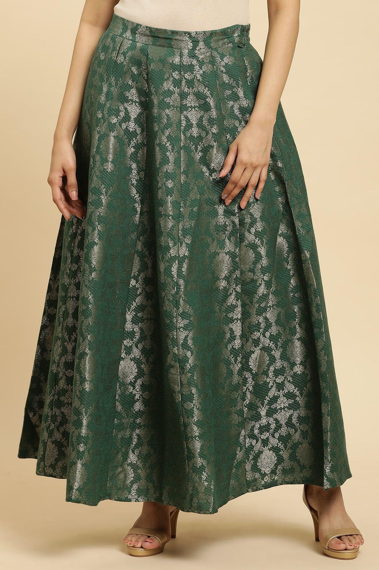 Dark Green Jacquard Flared Skirt