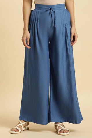 Blue Pleated Solid Parallel Pants