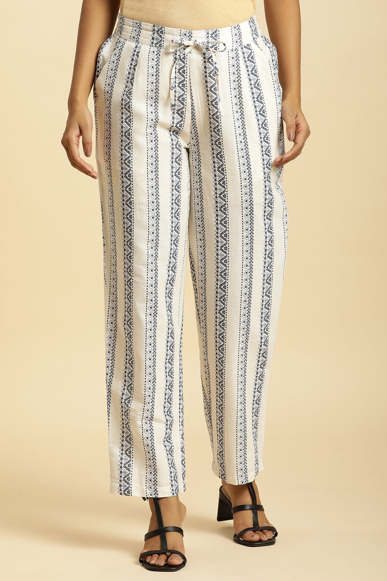 White Straight Pants With Blue Geometric Print