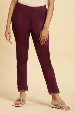 Purple Slim Pant With Embroidered Hemline