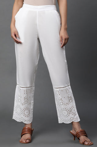 White Schiffli Straight Pants