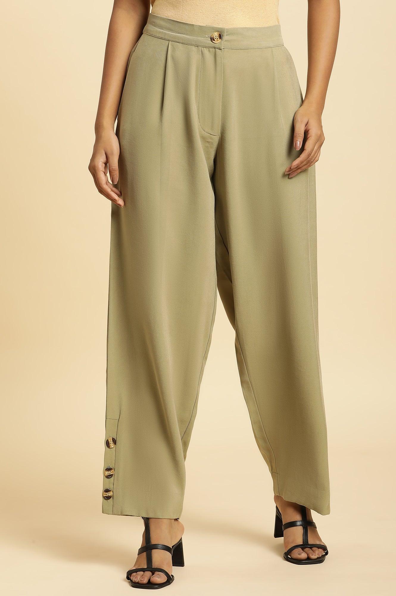 Green Taper Pleated Trouser With Buttom On Hemline