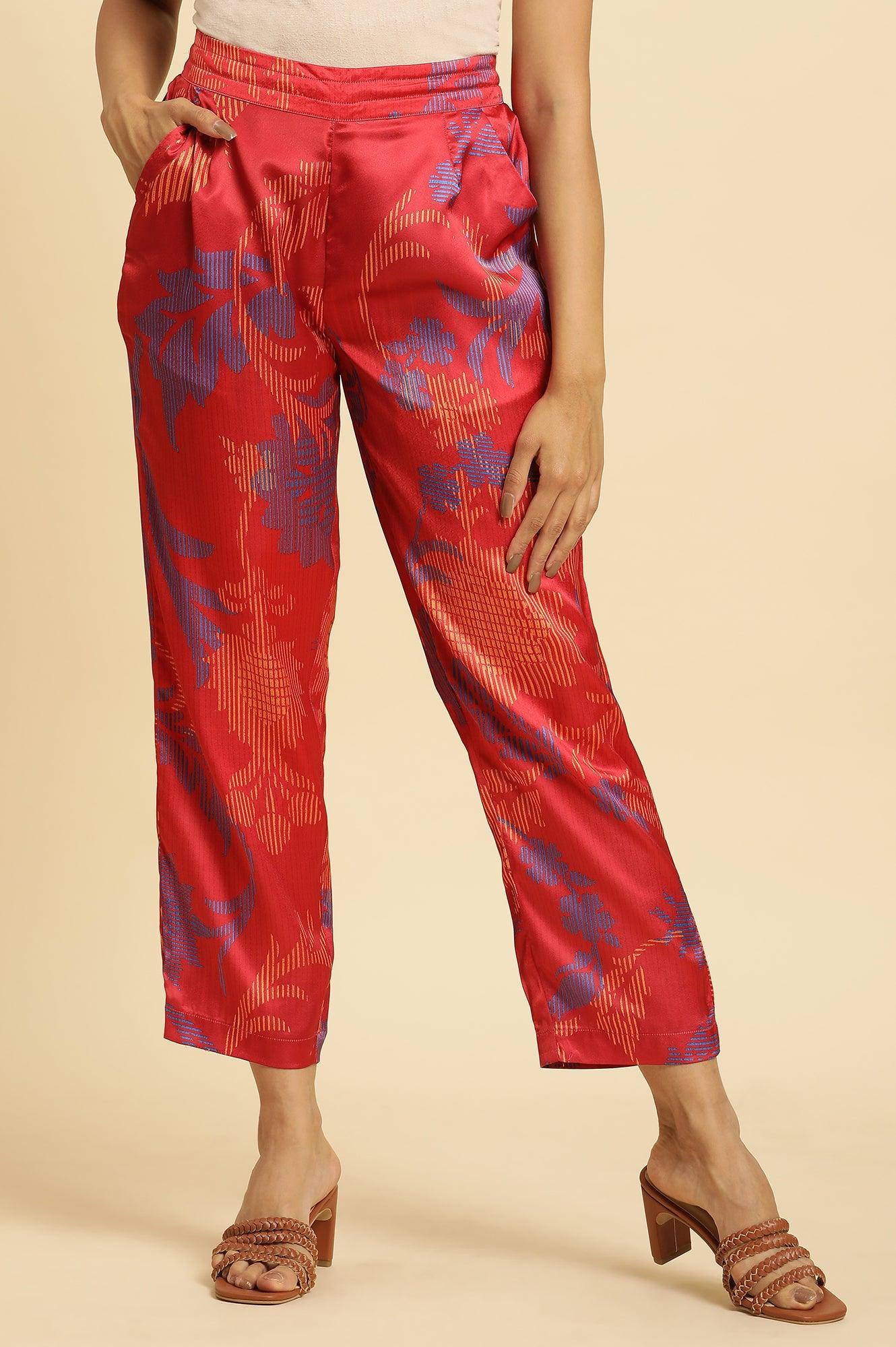 Bright Red Floral Printed Satin Pants