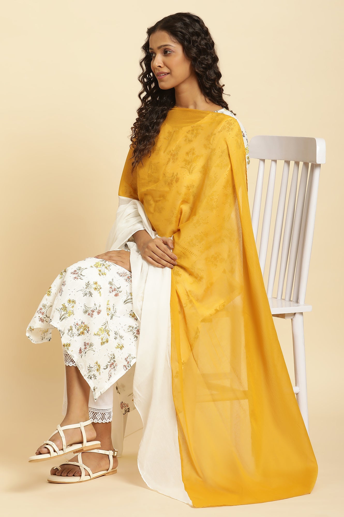 Yellow And Ecru Colour-Block Cotton Dupatta