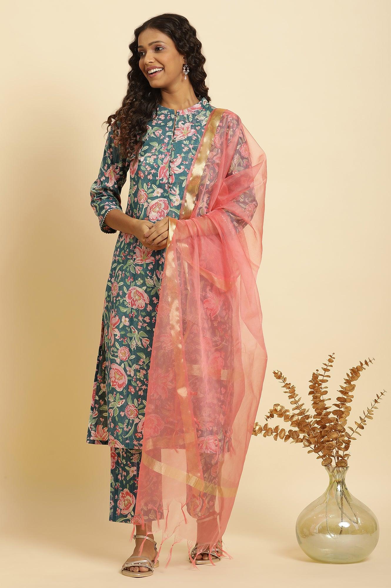 Teal Blue Printed Kurta, Bottom And Organza Dupatta Set