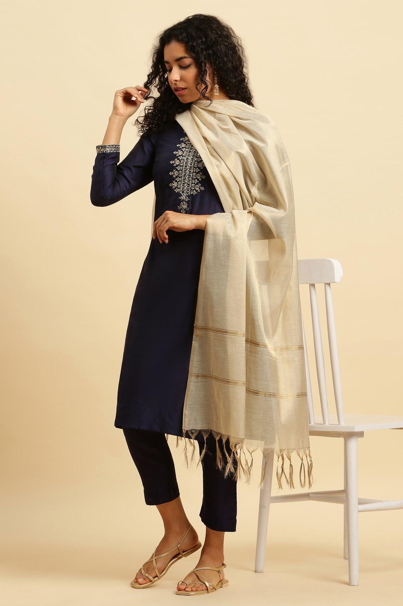 Blue Zari Embroidered Straight Kurta, Pants And Dupatta Set