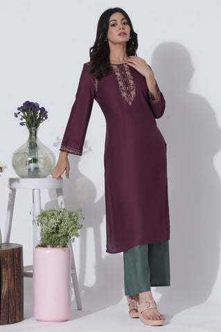 Purple Embroidered Kurta And Pants Set