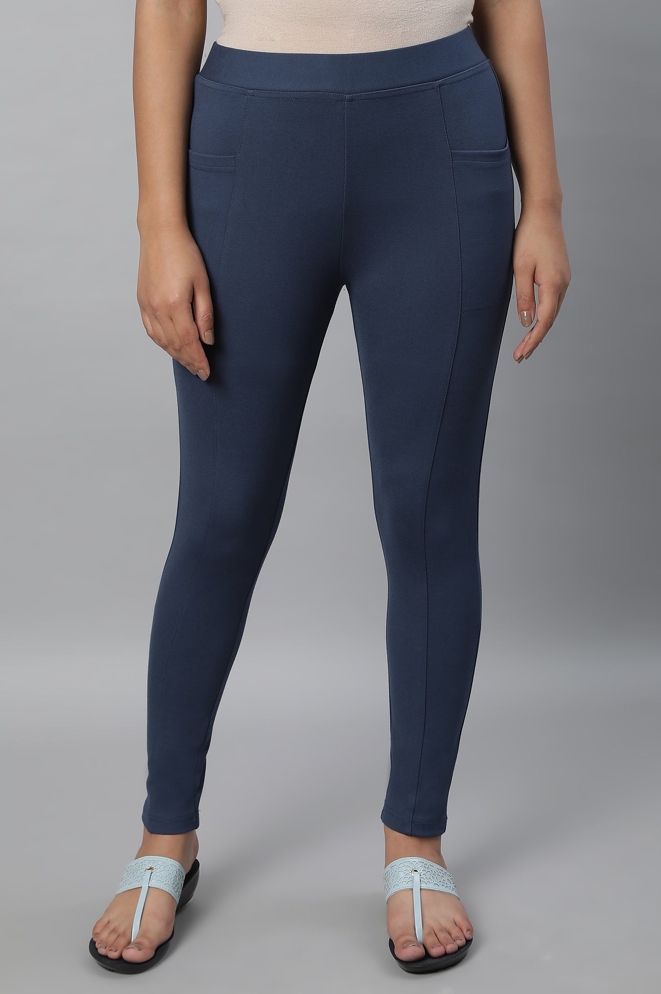 Blue Solid Skinny-fit Knit Tights with Elasticated Waistband