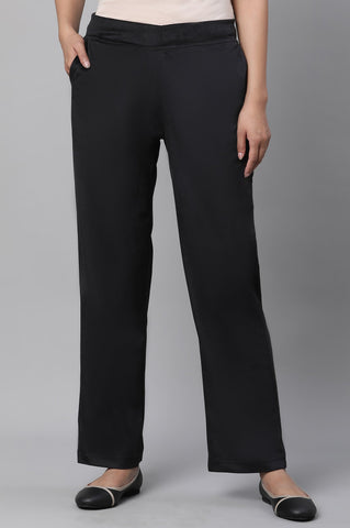 Black Solid Straight Fit Pants With Elasticated Waist