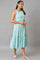 Blue Flared Floral Printed Sleeveless Dress