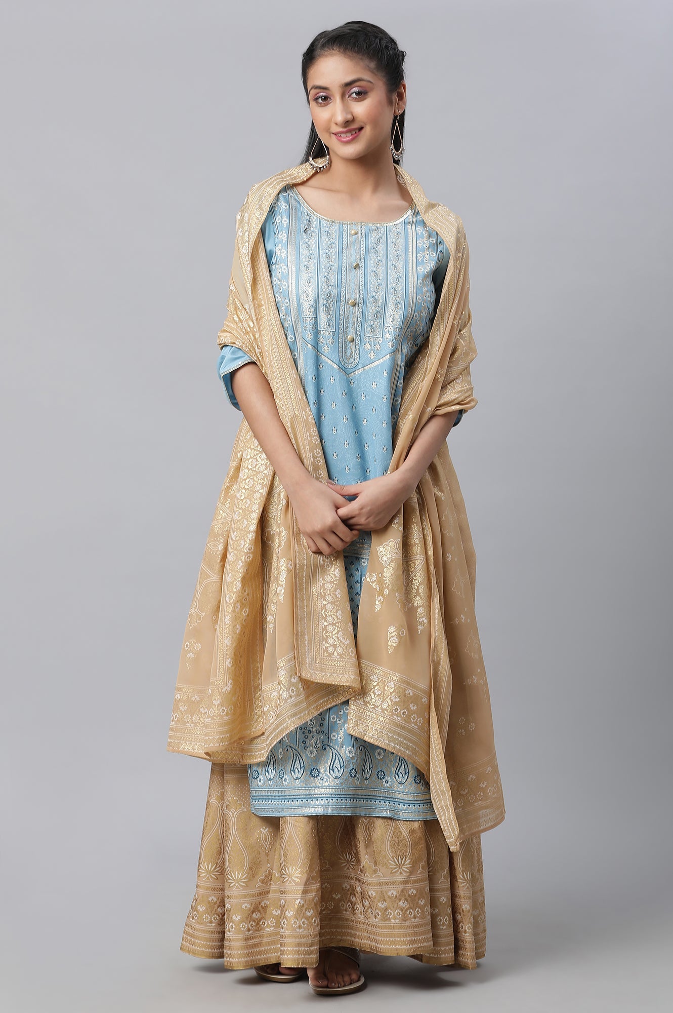 Blue Festive LIVA kurta, Skirt & Dupatta Set