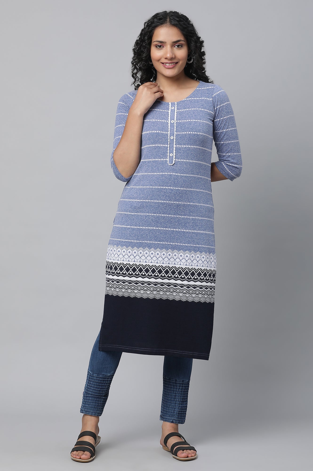 Blue Jacquard Knitted kurta & Denim Jeggings Set