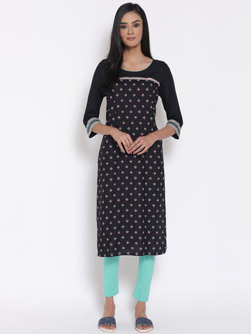 Black Printed LIVA Kurta & Tights