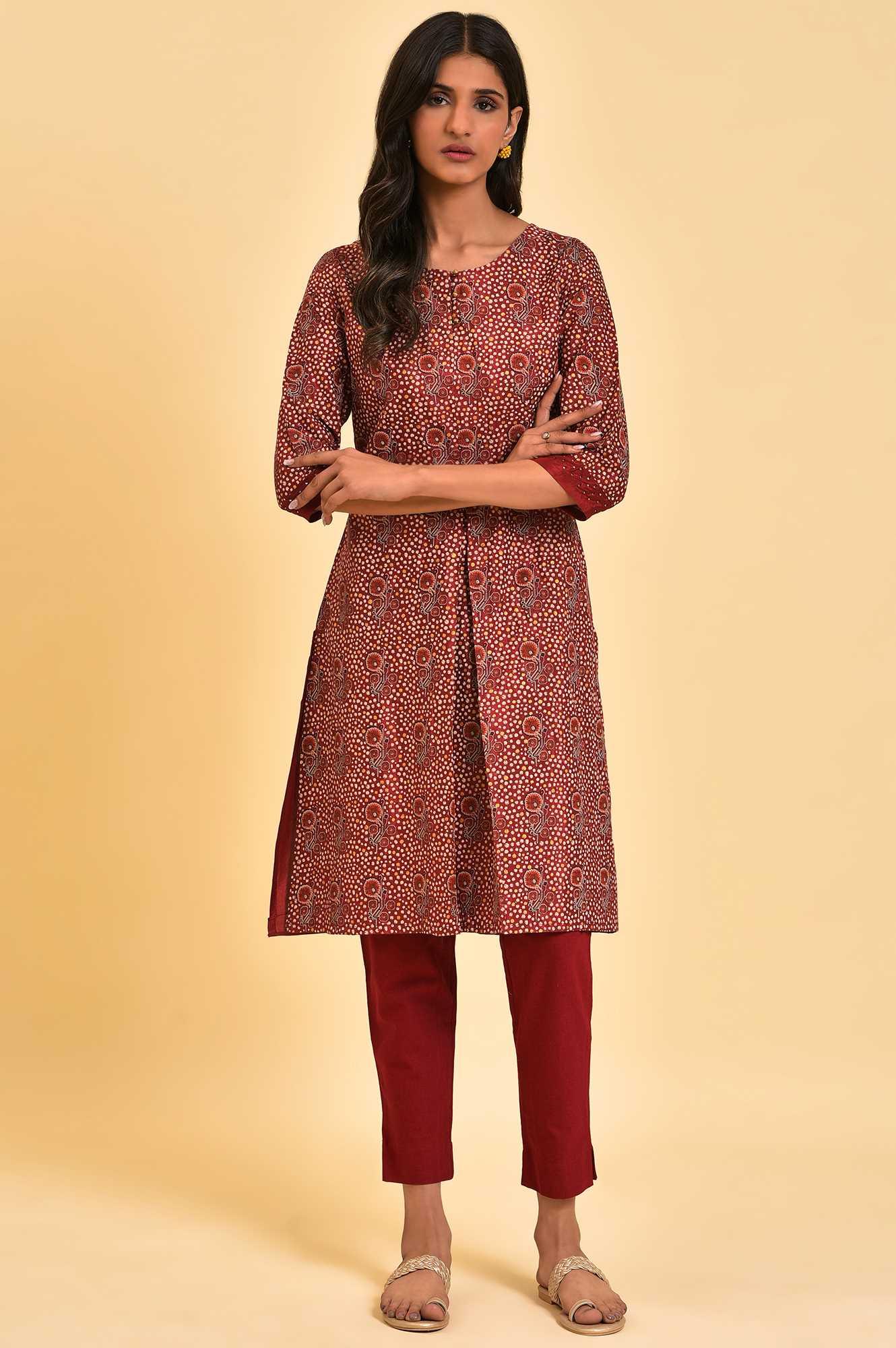 Dark Red Printed kurta With Front Pleat