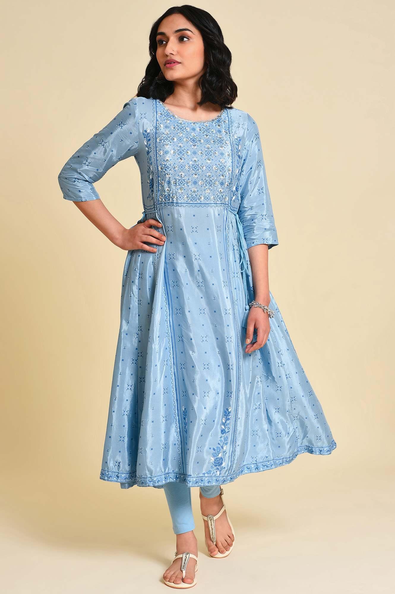 Blue Sequined Plus Size Shantung kurta