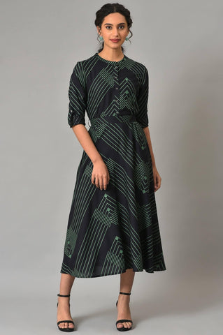 Black Matrix Printed Circular Shirt Dress With Belt