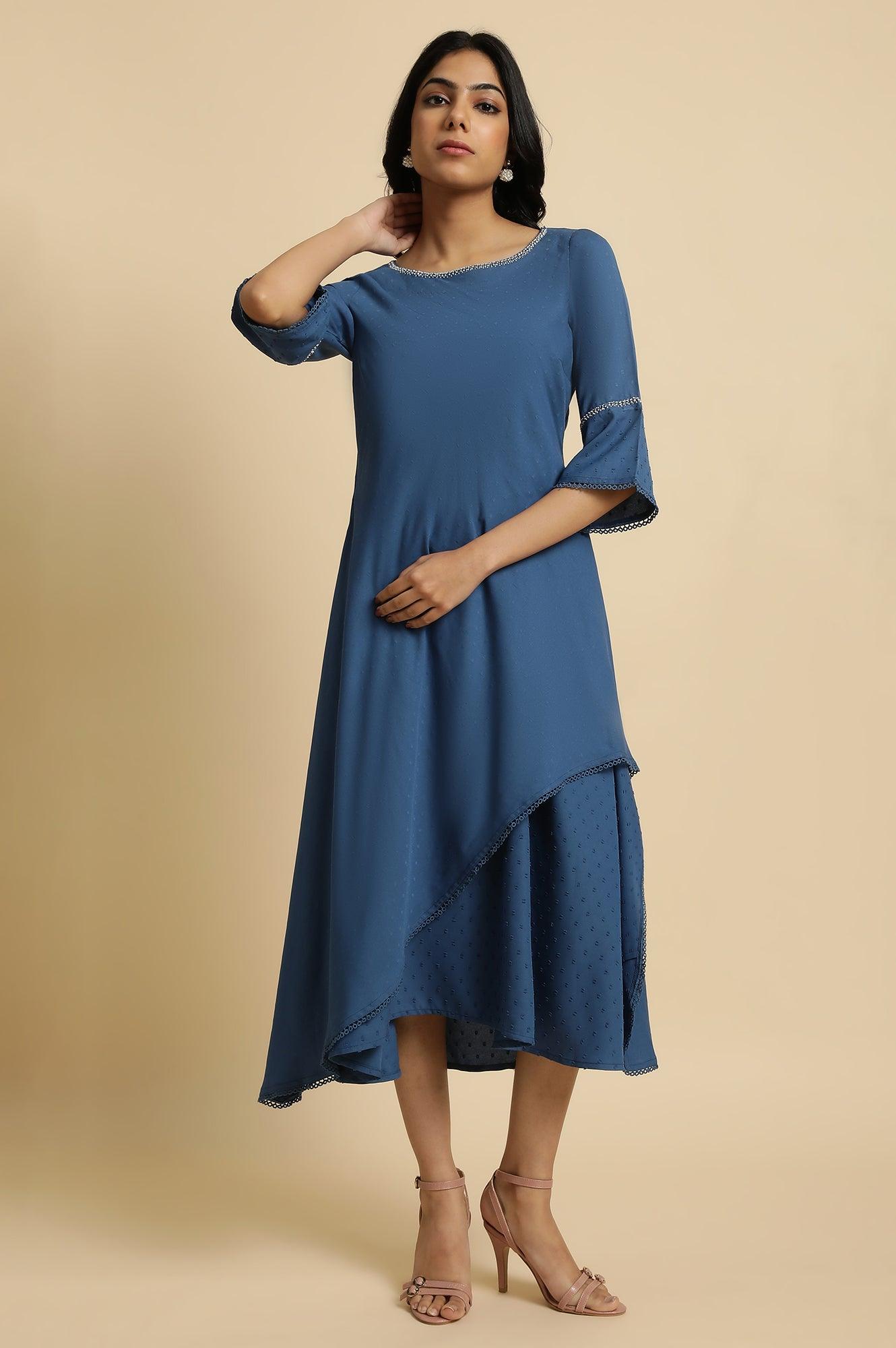 Blue Mock Layer Flared Dress