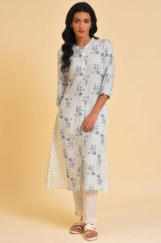 White Printed Button Down Kurta