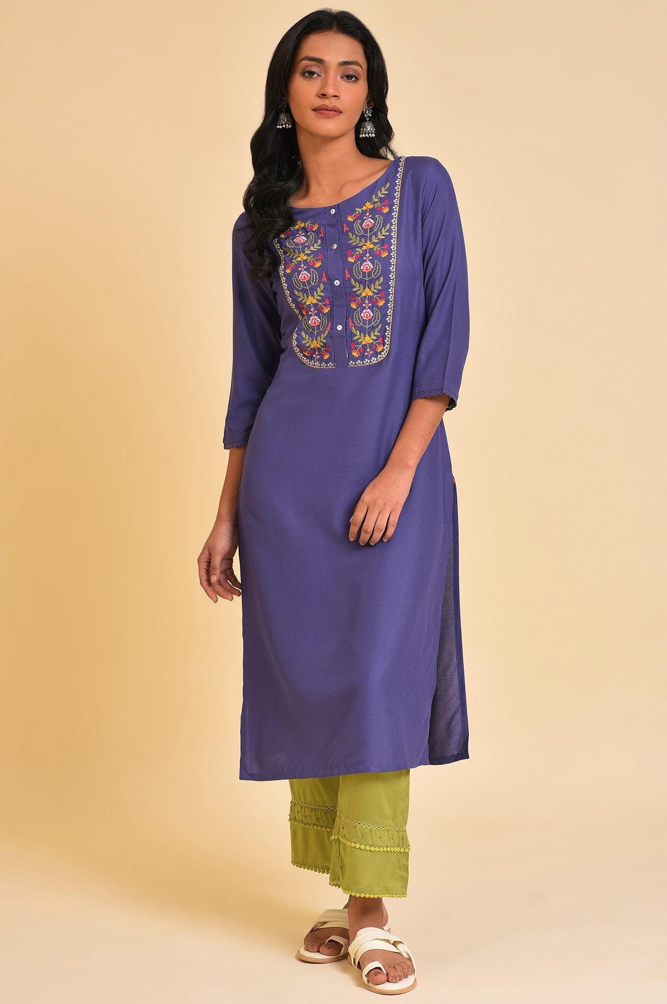 Purple Straight kurta With Embroidered Yoke