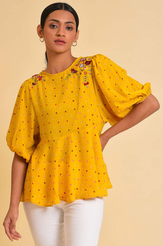 Yellow Embroidered Peplum Top