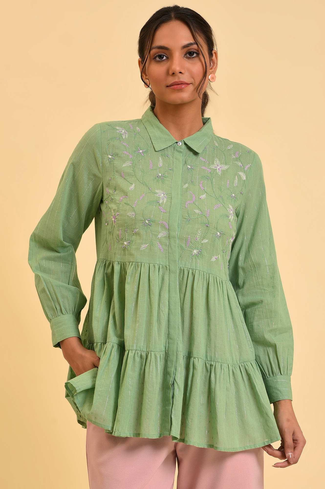 Green Lurex Stripes Embroidered Tiered Top