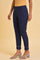 Navy Blue Cotton Slim Pants With Embroidered Hem