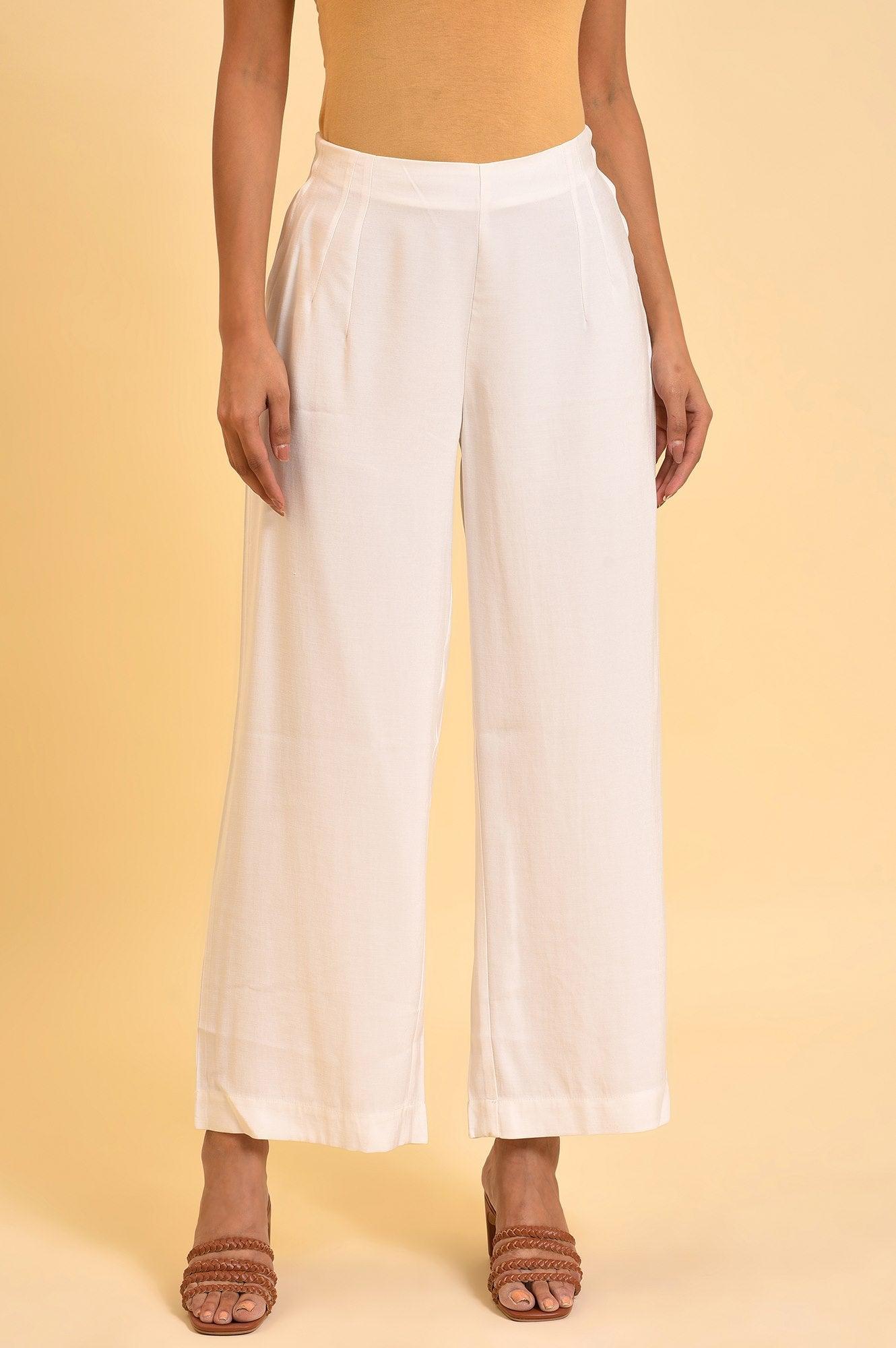 Ecru Inverted Box Pleats Flared Pants