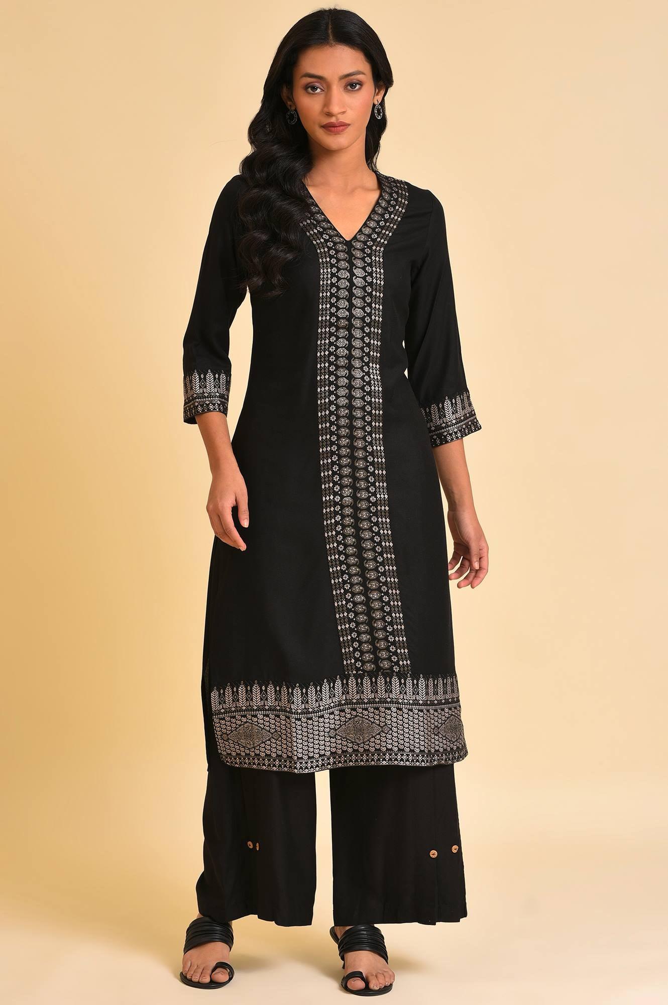 Black Placement Print kurta & Parallel Pants Set