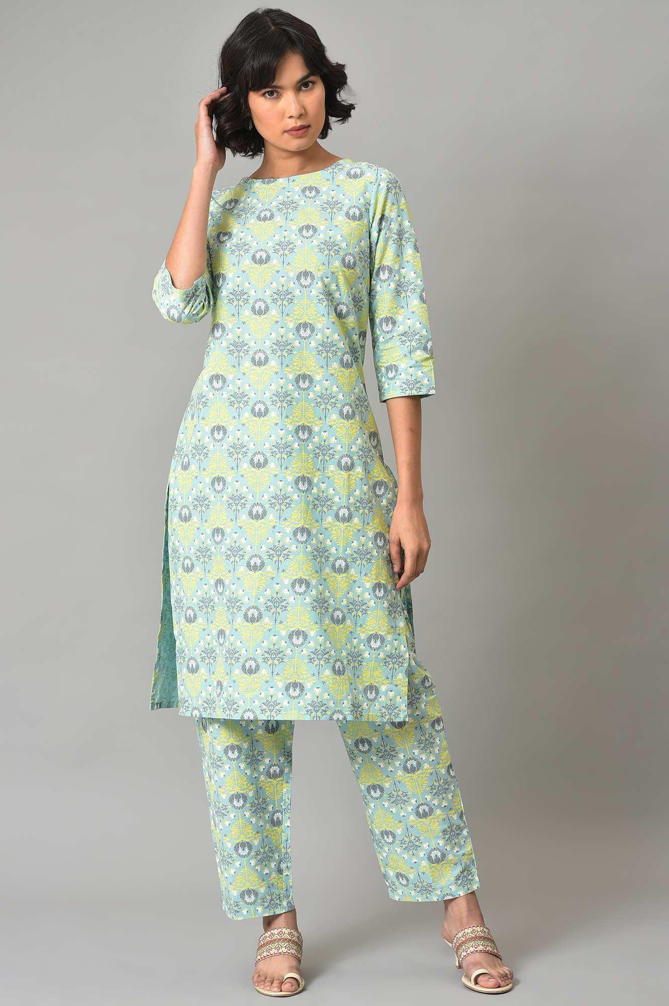 Light Green Printed kurta And Pants Co-Ord Set