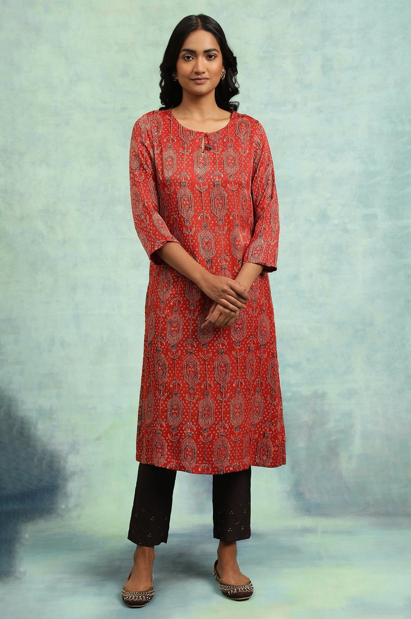 Red Ajrakh Print kurta In Lustrous Satin