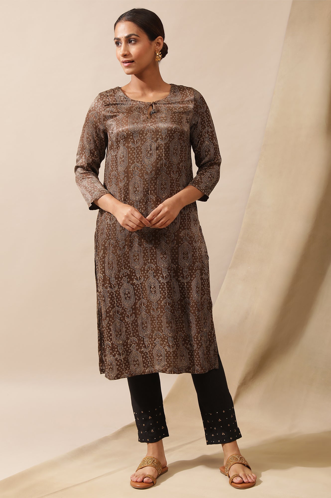 Khakhi Ajrakh Print Kurta In Lustrous Satin