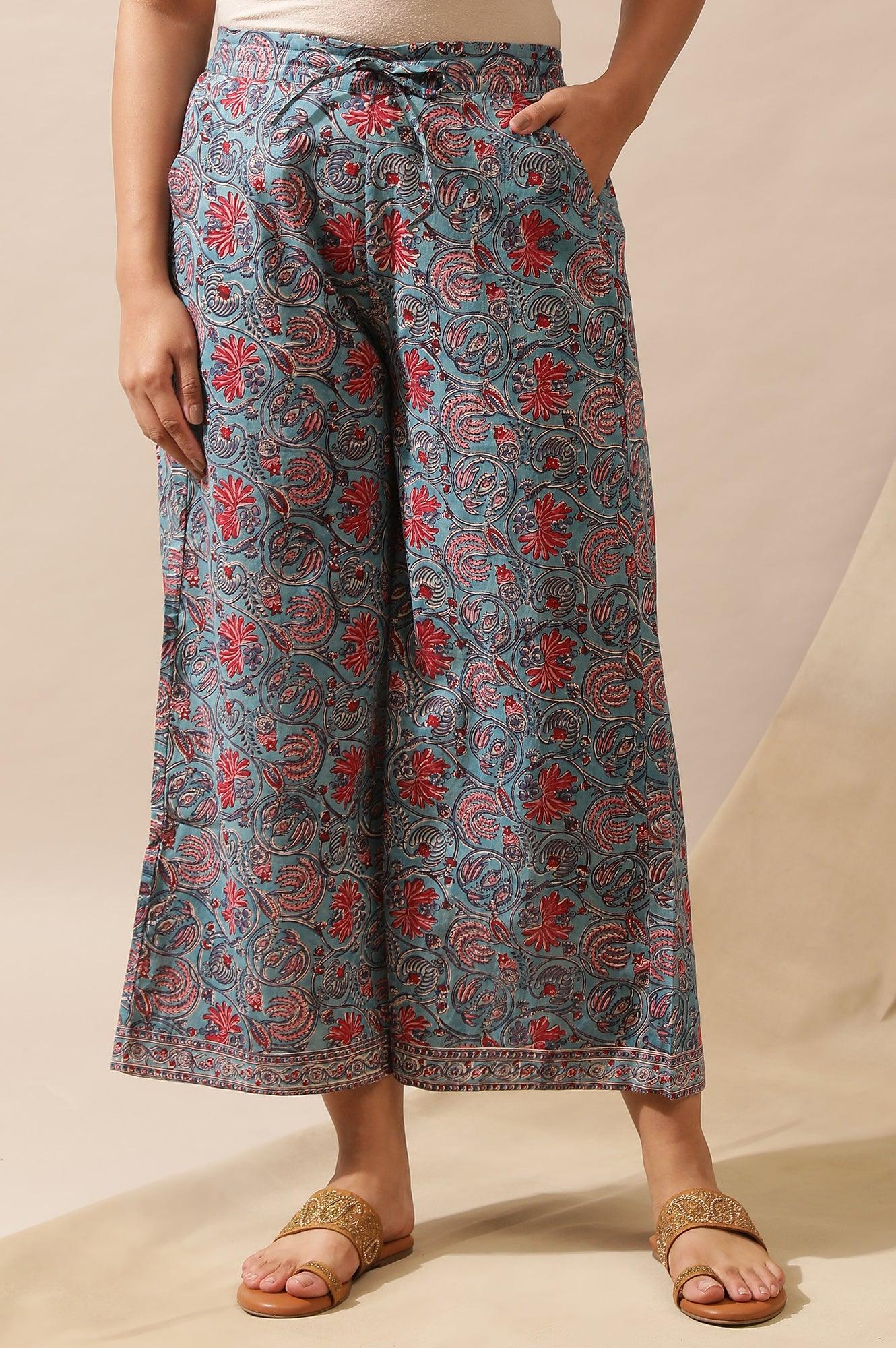 Blue Floral Multicolored Parallel Pants