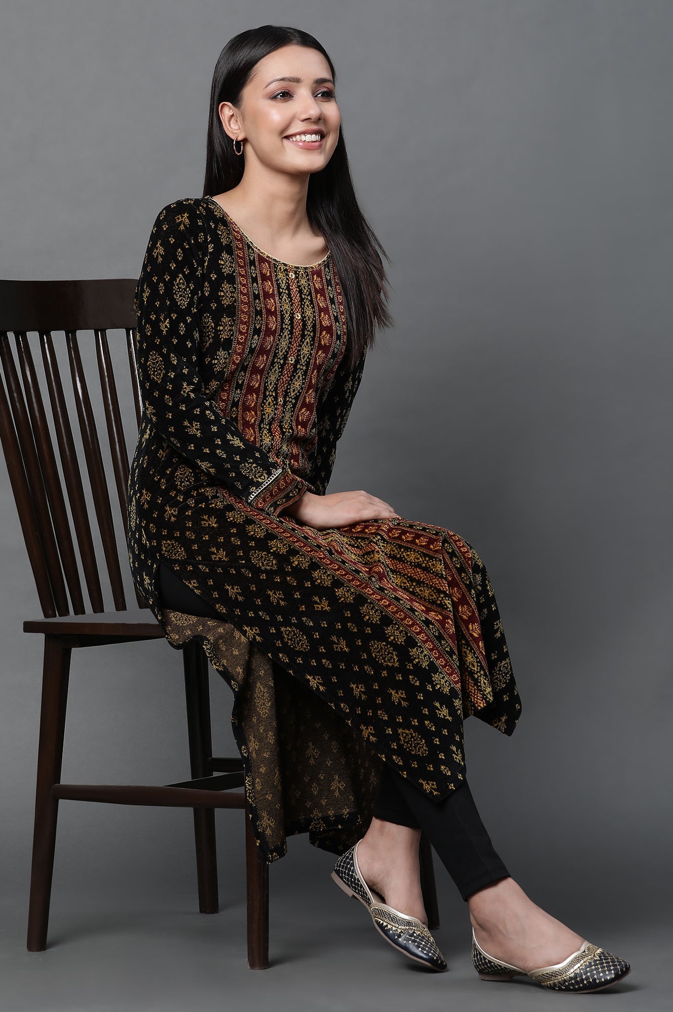 Black Sequined Winter Kurta and Tights Set