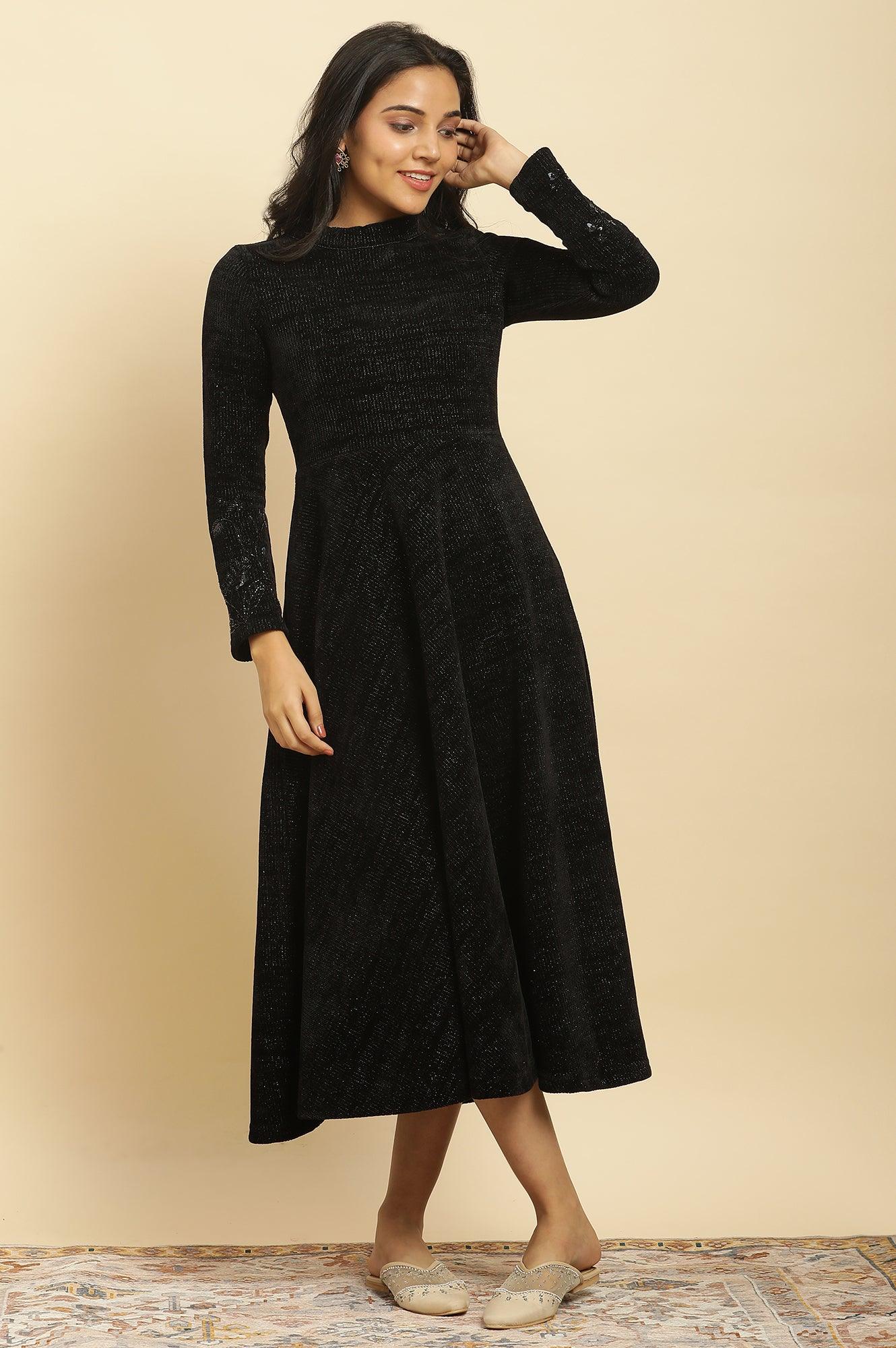 Black Knitted Circular Flared Winter Dress