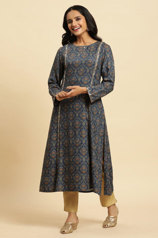 Blue Flared Booti Printed Winter Kurta