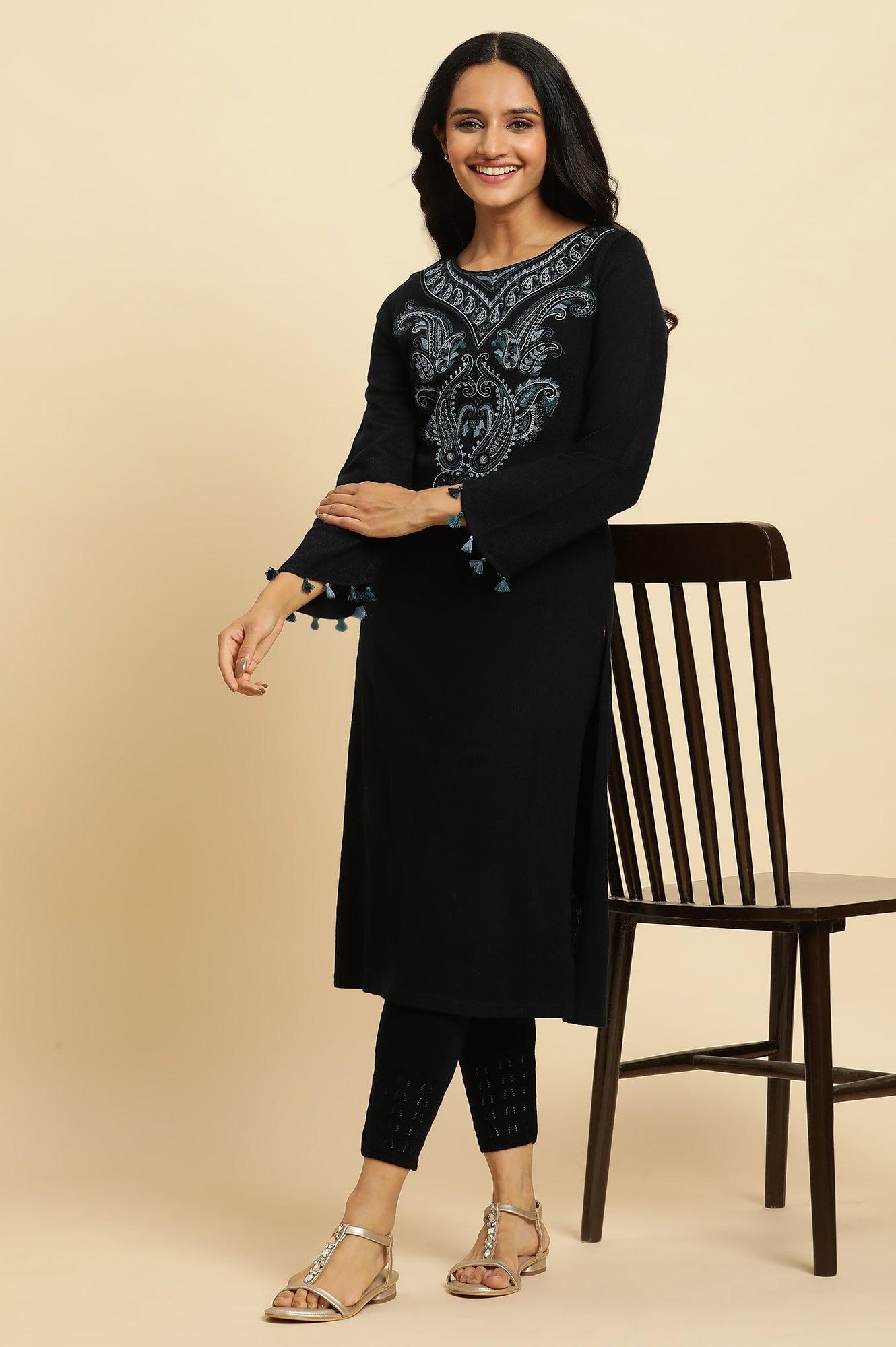 Navy Embroidered Winter Kurta And Tights Set