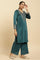 Blue Embroidered Velvet Winter Kurta, Pants And Shawl Set