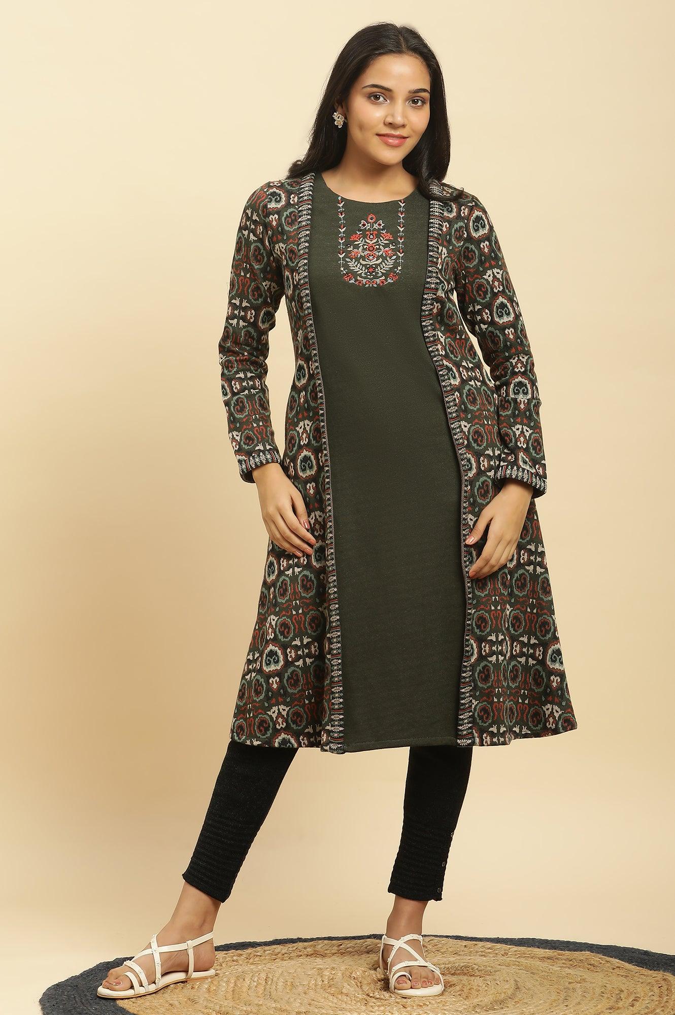 Green Jacquard Placement Winter Kurta And Tights Set