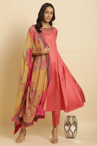 Pink Embroidered Anarkali Kurta, Pants & Printed Dupatta Set