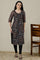 Black Floral Printed V-neck Straight Kota Kurta