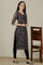 Black Floral Printed V-neck Straight Kota Kurta