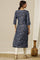Blue Floral Printed Cotton Shimmer Straight Kurta with Neck Metal Clasp