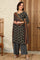 Black Geometric Printed V-Neck Rayon Crepe Kurta With Sequin Detailing