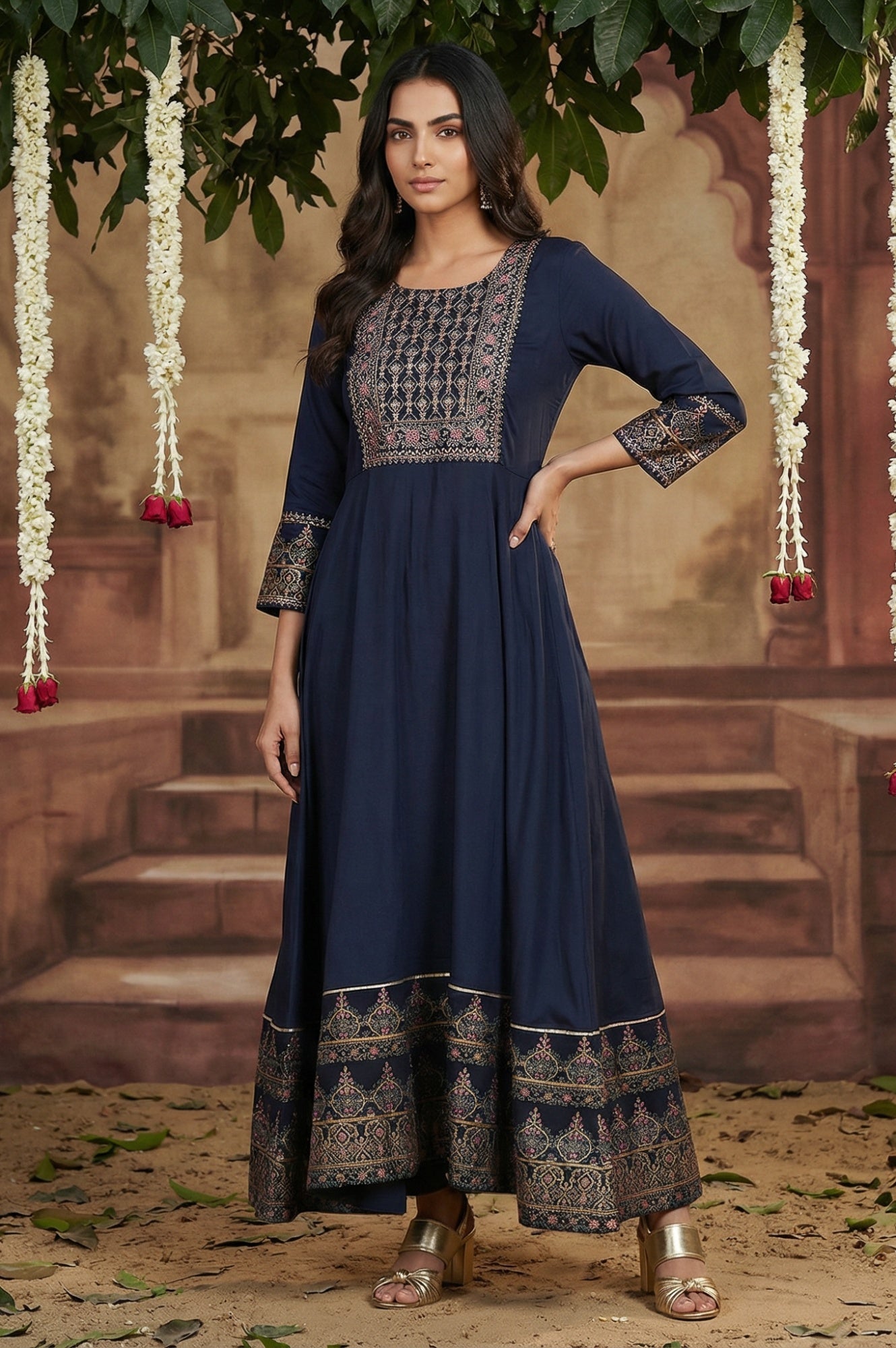 Navy Blue Embroidered Anarkali Dress