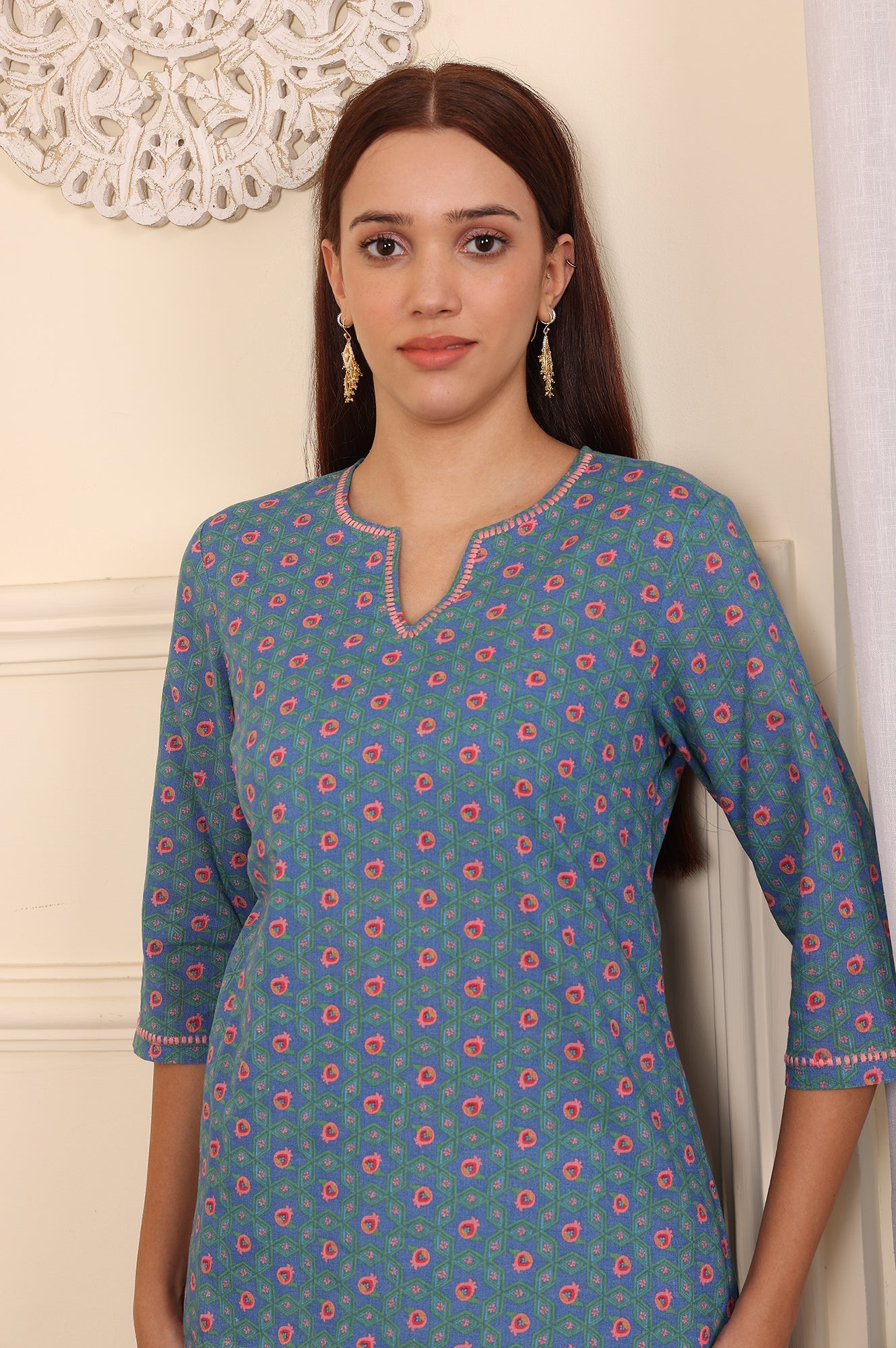Blue Geometric Printed Pure Cotton Straight Kurta