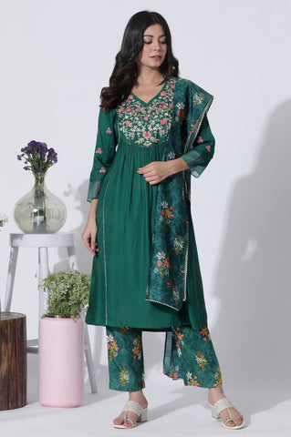 Emerald Green Panelled Embroidered Kurta, Pants And Printed Chanderi Dupatta