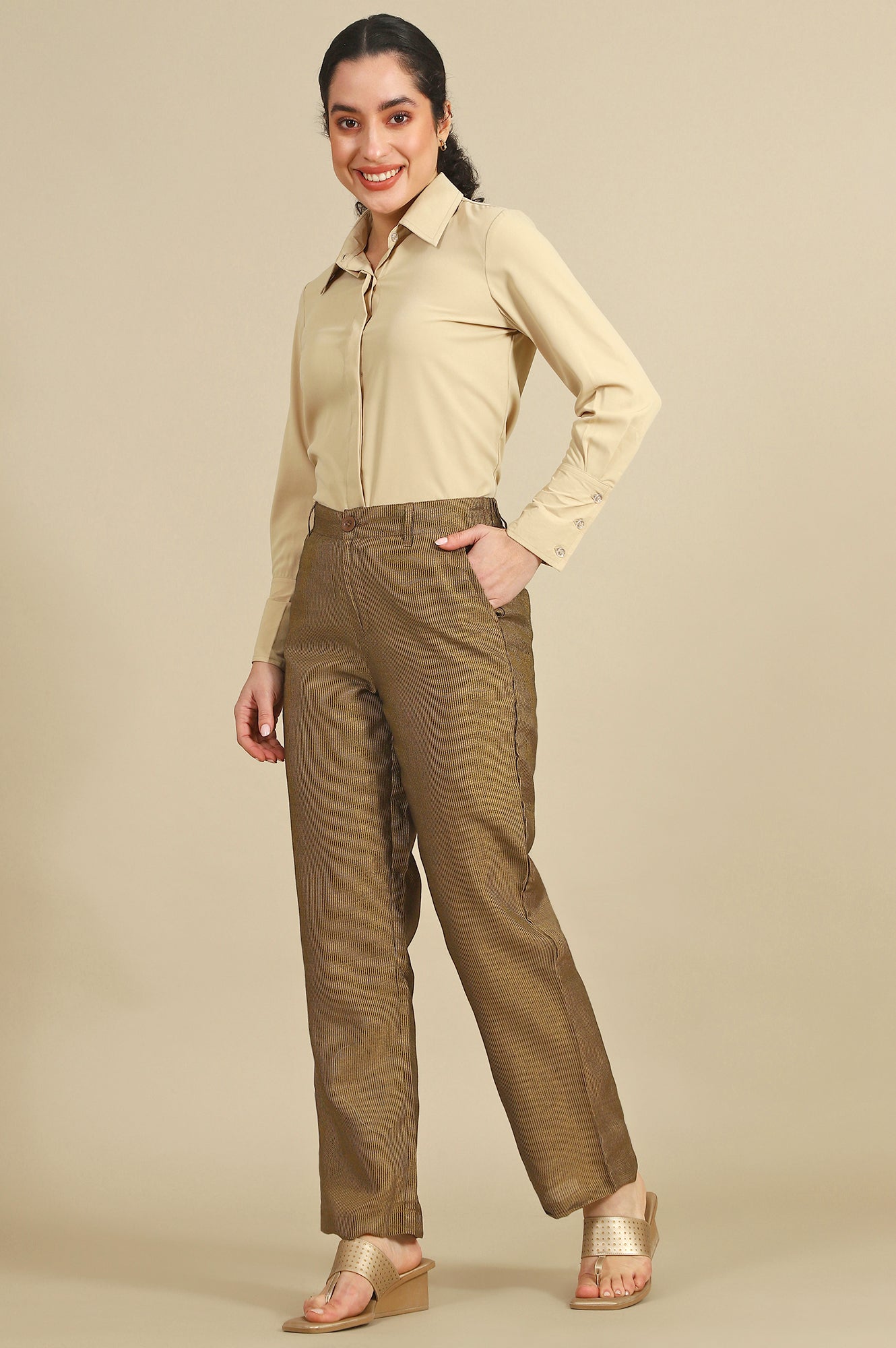 Brown Yarn Dyed Straight Fit Pants With Zari Detailing
