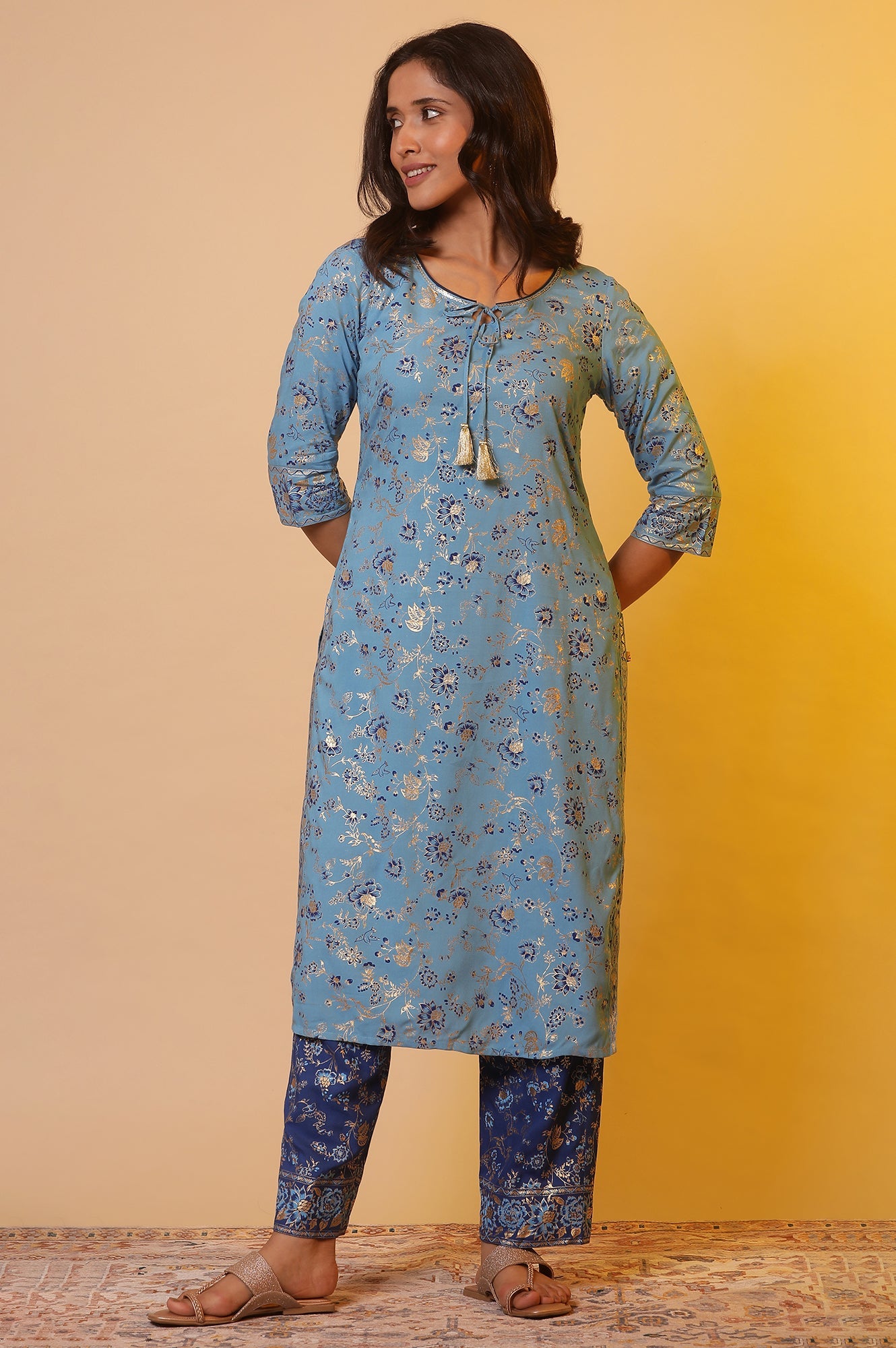 Blue Floral Gold Print Sequined Straight Cotton Kurta