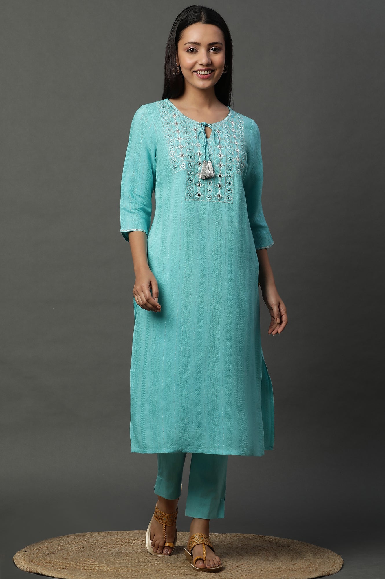 Blue Solid Mirror Embroidered Straight Woven Kurta